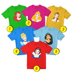 Disney Princess Ariel Aurora Snow White Jasmine Cinderella T-Shirt Merch - 3 Pack Tee Shirts Bundle Cartoon Printed