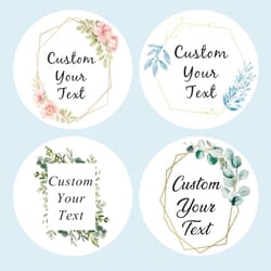 custom name date round circle stickers, personalized thank you labels, party favors for bridal shower