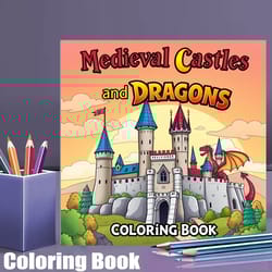 medieval castles and dragons coloring book for adults, fantasy art therapy, christmas gift idea