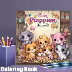 cute puppies and kittens coloring book, adult colouring book for stress relief, drawing supplies, christmas gift idea