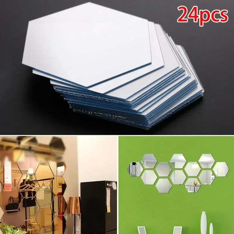 24 Pack Hexagon Acrylic Mirror Stickers SelfAdhesive 3D Wall Mosaic Tiles For Home Decor 3