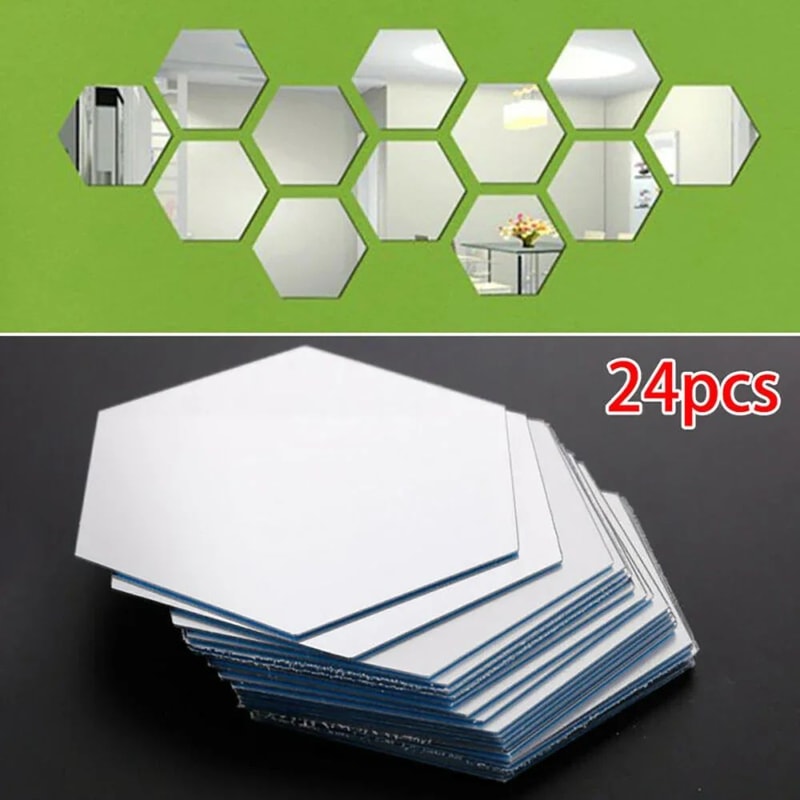24 Pack Hexagon Acrylic Mirror Stickers SelfAdhesive 3D Wall Mosaic Tiles For Home Decor 12