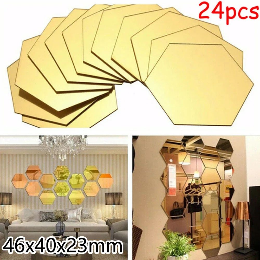 24 Pack Hexagon Acrylic Mirror Stickers SelfAdhesive 3D Wall Mosaic Tiles For Home Decor 13