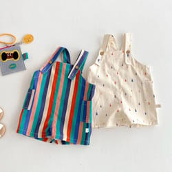 colorful striped girls summer jumpsuit with raindrop print – lightweight toddler overalls outfit