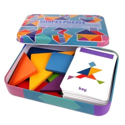 colorful wooden tangram puzzle in tin box, montessori shape & pattern learning set