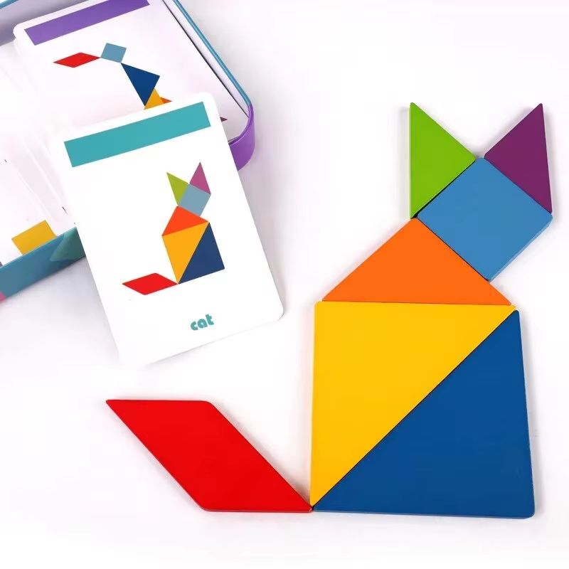 Colorful Wooden Tangram Puzzle In Tin Box Montessori Shape Pattern Learning Set 3