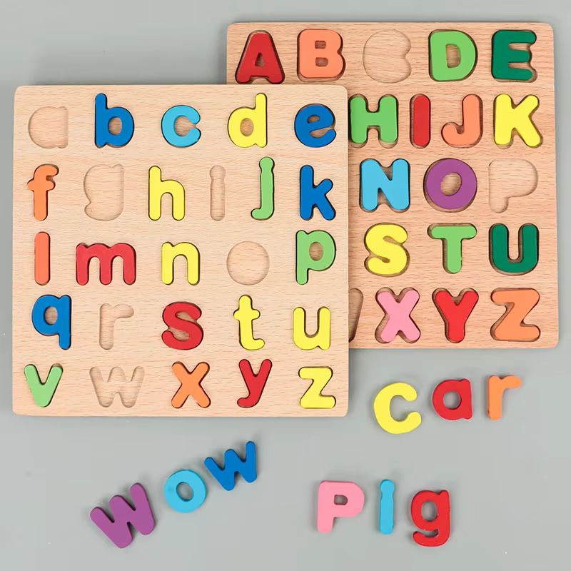 Wooden Alphabet Numbers Learning Puzzle Board Montessori Shapes Matching Game 3