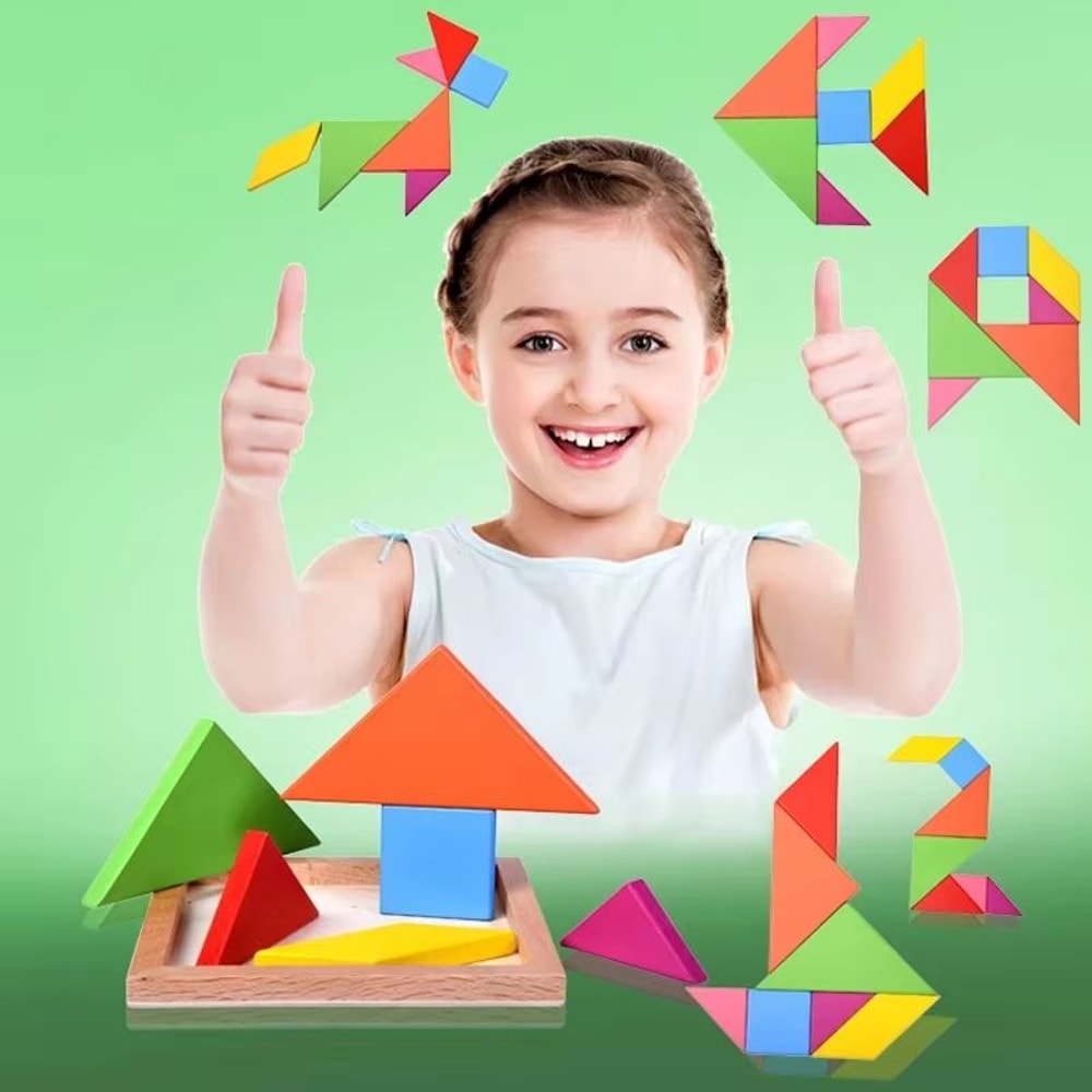Wooden Tangram Puzzle For Kids 7Piece Color Shape Brain Teaser Set 0