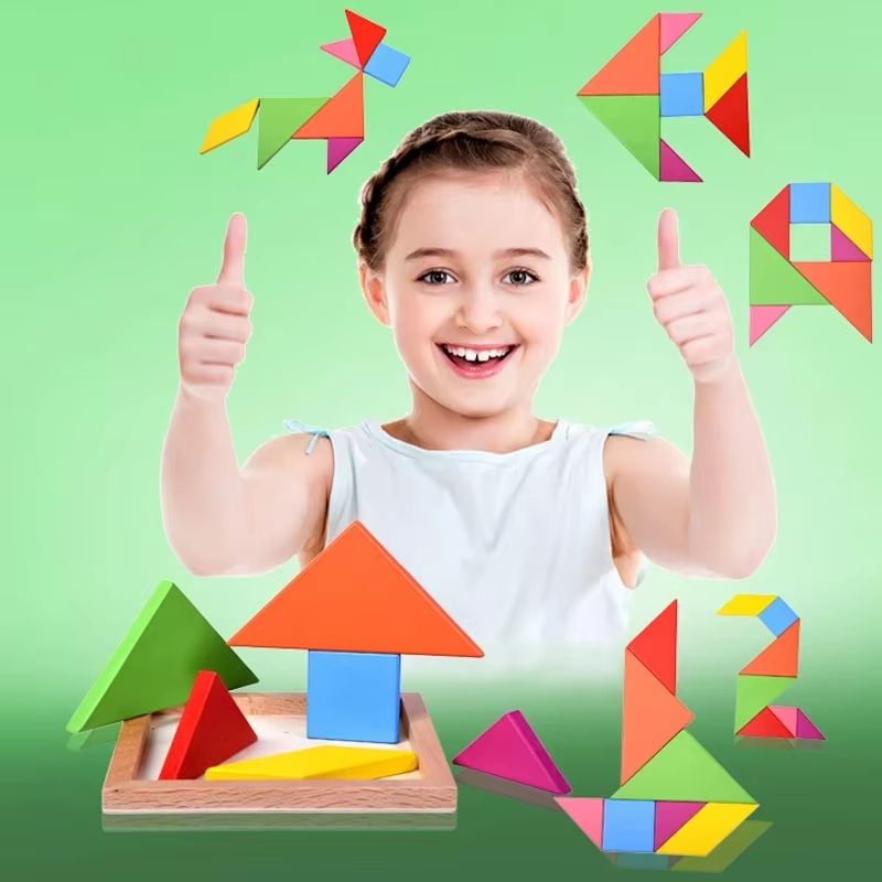 Wooden Tangram Puzzle For Kids 7Piece Color Shape Brain Teaser Set 0