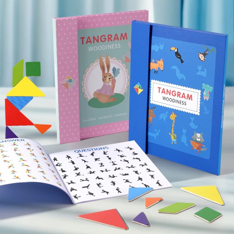 Magnetic Tangram Puzzle Book Montessori Wooden Jigsaw Geometric Shape Logic Game 3