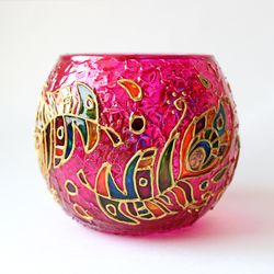 Handmade Pink Candle Holder with Colorful Feather Pattern