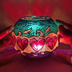 Handmade Blue Candle Holder with Red And Pink Hearts Ornament