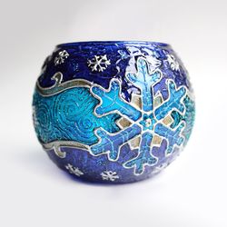Hand-Painted Snowflake Candle Holder in Blue and Turquoise Tones