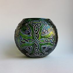 Large Green Hand-Painted Candle Holder with Celtic Cross Design