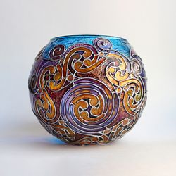 Hand-painted Elegant Galactic Spiral Glass Candle Holder in Celtic Style