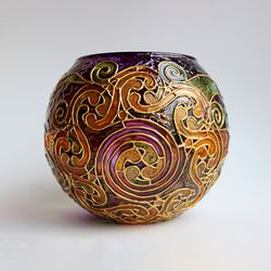 Hand-painted Galactic Spiral Glass Candle Holder in Celtic Style