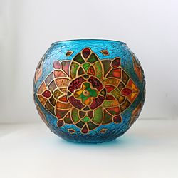 Turquoise Mosaic Hand-Painted Glass Candle Holder - Artisanal Elegance