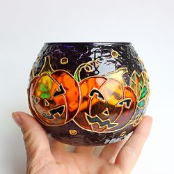 Hand-Painted Purple Glass Candle Holder with Orange Pumpkins