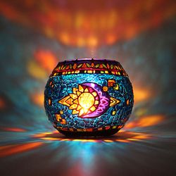 Blue Sun & Moon Hand-Painted Candle Holder - Unique Gift