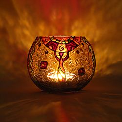 African Woman Hand-Painted Brown Glass Candle Holder - Fade-Resistant