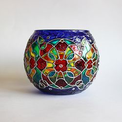 Handcrafted Dark Blue Kaleidoscope Mosaic Glass Candle Holder