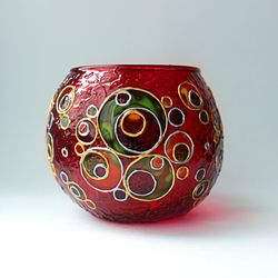 Vibrant Circles Handmade Red Glass Candle Holder