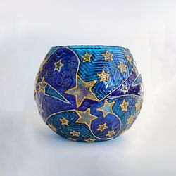 Meteor Shower Glitter Glass Candle Holder in Blue Tones
