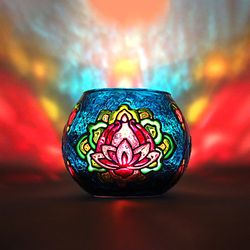 Turquoise Korean-Style Glass Candle Holder with Blooming Pink Lotus