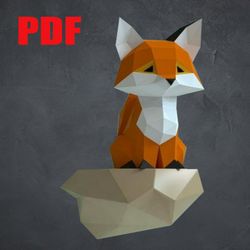 Paper Craft FOX CUB ON A ROCK, Digital Template, Origami, DIY PDF Download, Low Poly, Trophy, Sculpture, 3D Model