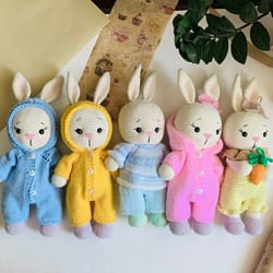 bunny toy in clothes warm jumpsuit with hood and scarf arabbit amigurumi toy gift for baby girl bunny doll for kids diy