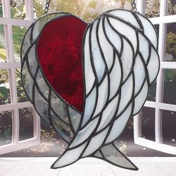gothic stained glass heart suncatcher, goth decor, stained glass suncatcher, gothic home decor, angels stained glass
