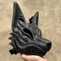 Black Kitsune mask Wearable, Black Wolf mask, Japanese Kitsune mask Cosplay, Fox demon mask, Wolf mask