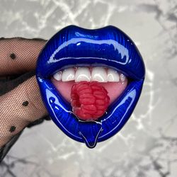 Polymer clay brooch lips blue raspberry