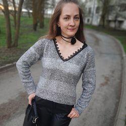Women's hand knitted with lace striped sweater loose soft cozy, handmade womens clothing