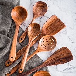 8 Piece Natural Teak Wood Spoons & Kitchen Utensils