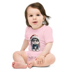 festive winter rabbit with glasses - holiday cheer art baby short sleeve one piece