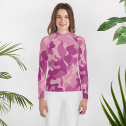 modern girly purpl pink lilac camo pattern youth rash guard