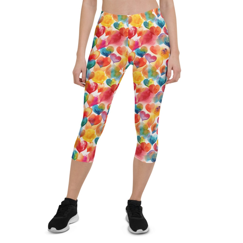 Colorful Watercolor Hearts Cute Girly Pattern Capri Leggings
