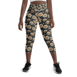 daisy flowers retro seamless pattern yoga capri leggings