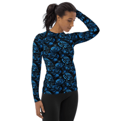 blue and black rose flowers seamless pattern women's rash guard