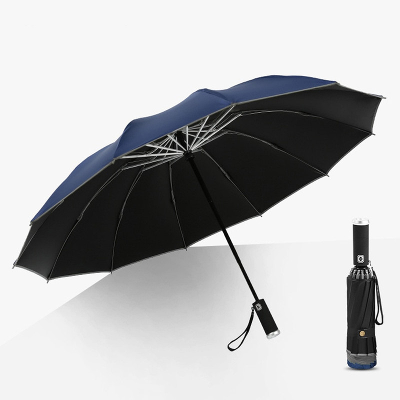 Windproof LED Inverted Umbrella with Reflective Stripe & Reverse Folding blue