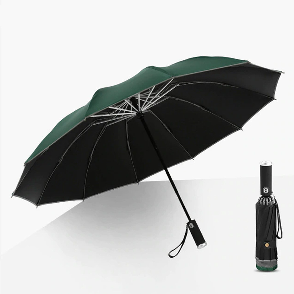 Windproof LED Inverted Umbrella with Reflective Stripe & Reverse Folding green